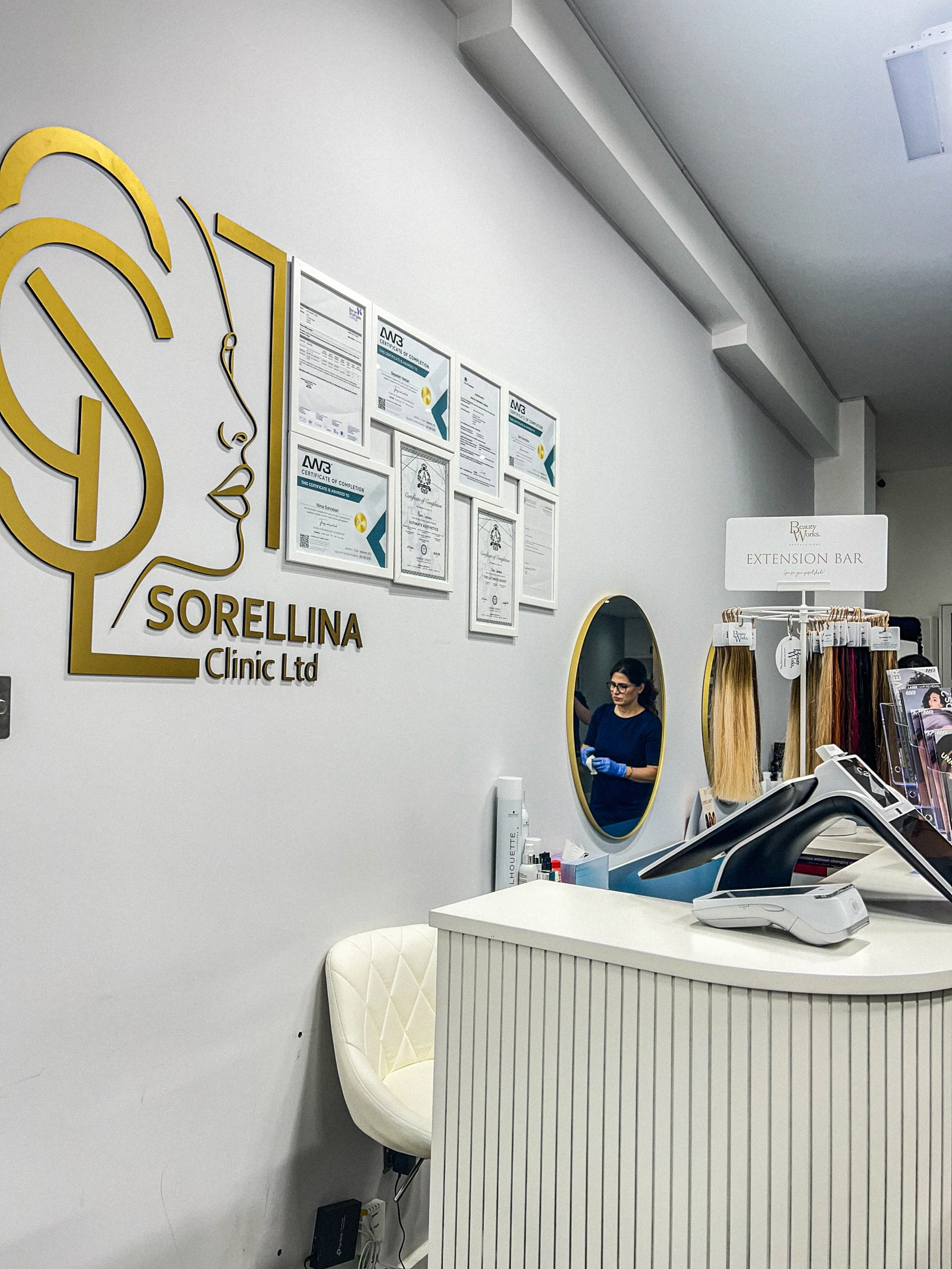 AW3 certifications on display at Sorellina Clinic reception